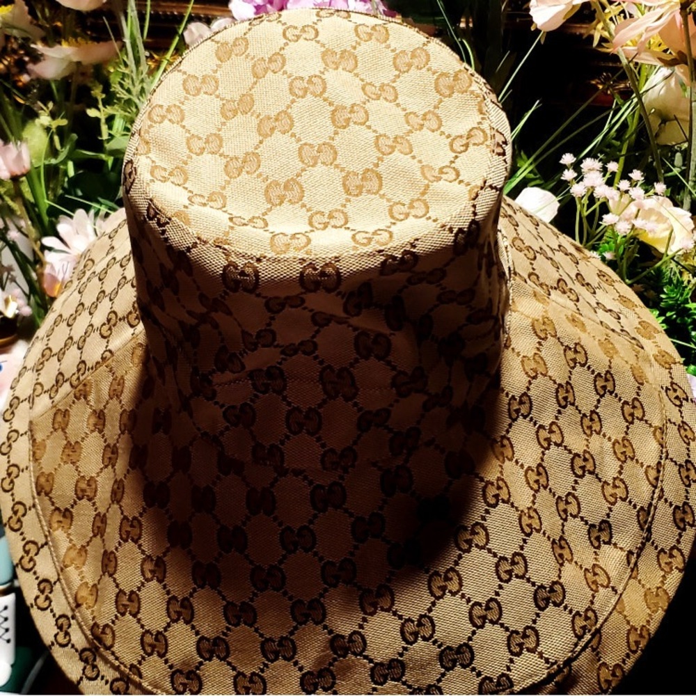 Monogram Bucket Hat Wide Large Brim Beige Canvas Jacquard Sun Tan Coverage New - Picture 8 of 16